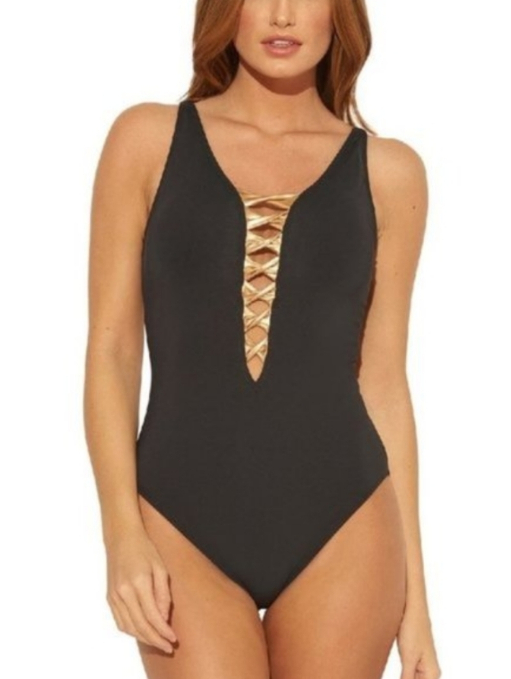 Bleu Rod Beattie Black Gold Lattice Front Open Back One Piece Swimsuit Size 12